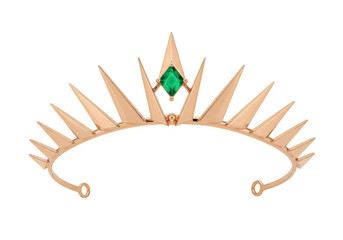 Elegant gold crown with green emerald isolated on transparent background, royal headwear for queen...