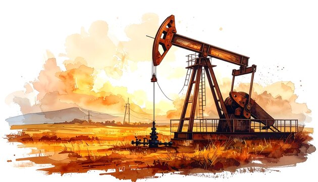 Watercolor painting depicts a rusty oil pump in a golden sunset field - Powered by Adobe