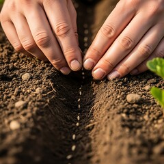Planting Seeds - A Close-Up of Hands Sowing in Soil.