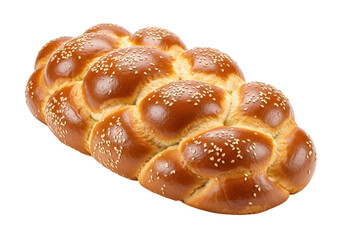 Golden brown challah bread isolated, braided loaf with sesame seeds for Jewish holidays and traditional baking on a transparent background
