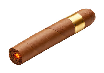 Burning cigar isolated on transparent background, brown tobacco roll with golden ring for smoking and relaxation