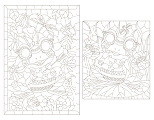 Obraz premium A set of contour illustrations with cute frogs, isolated animals on a white background