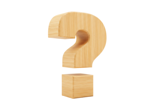 Wooden question mark isolated on transparent background, 3D rendering of a light wood symbol in realistic style