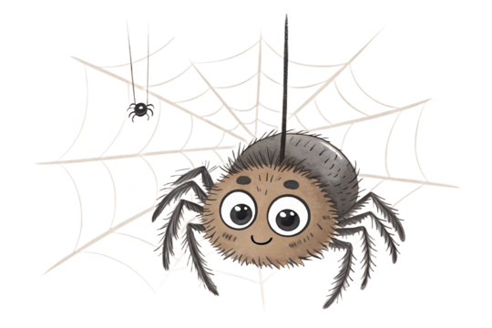 Cute hand-drawn spider hanging from a single thread in a sketchy brush stroke style, isolated on a transparent background (PNG). Perfect for Halloween designs, spooky cards, posters, invitations, or p