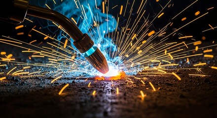 Intense welding process close-up showcases bright sparks and blue haze