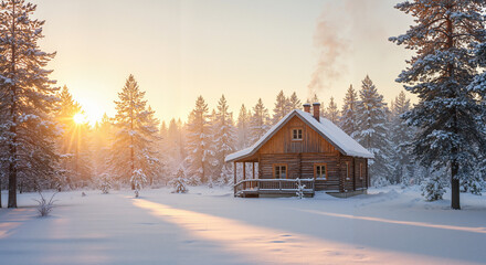 Cozy wooden cabin in snowy forest at sunrise during winter  