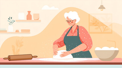 Obraz premium Elderly Baker Kneading Dough in Cozy Kitchen