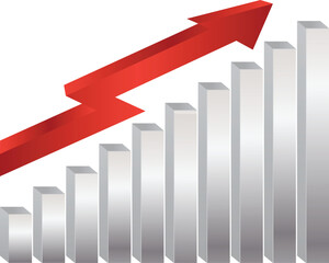 Rising bar graph with upward trending red arrow showing growth and success metrics