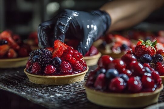 Close-up of a gloved hand placing strawberries and mixed berries on vibrant glazed tarts in a bakery or professional kitchen setting