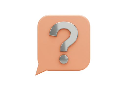 Silver question mark in peach speech bubble isolated PNG, symbol for asking questions and seeking answers on transparent background