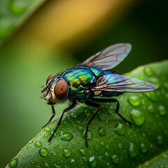 Vibrant Green Bottle Fly Perched on Dew-Kissed Leaf.