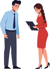 Business meeting illustration, professional man and woman discussion, office communication, workplace collaboration, corporate teamwork, cartoon vector
