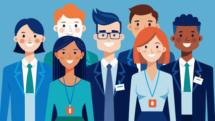 A group of people are smiling and wearing business attire. They are all wearing name tags and are standing close together