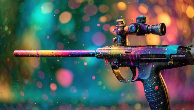 A colorful paintball gun with optic sights and paint splatter against a bokeh background - Powered by Adobe