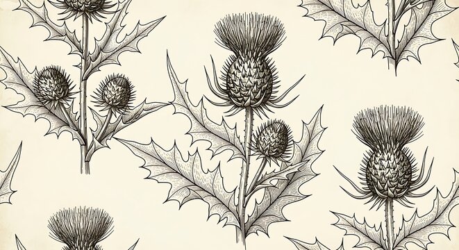 Detailed thistle botanical drawing seamless repeat pattern design