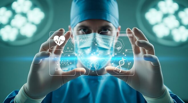 Futuristic Medical Technology: Surgeon in Operating Room Using a Holographic Interface with Health Icons for ECG, Brain, and DNA analysis. Healthcare Innovation.