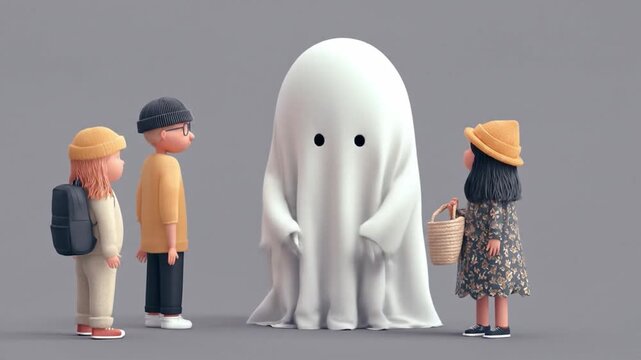 Children interact with friendly ghost character in a stylized environment
