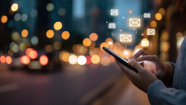 Person texting on smartphone with digital email icons floating, night city background, bokeh lights