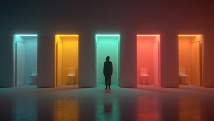 Fototapeta premium An individual stands before vividly illuminated restroom doorways. Different colored lights adorn the frames