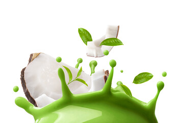 Creative composition of fresh coconut pieces and green tea leaves with a dynamic green liquid splash isolated on a white background. Perfect for beverage design, natural cosmetics, organic product adv