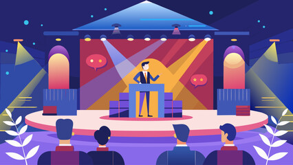 A man stands on a stage in front of a crowd of people. The stage is lit up with bright lights and the man is speaking into a microphone