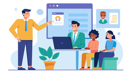 A man is teaching a group of people in a classroom. The man is wearing a yellow shirt and a tie. The people are sitting at a table with a laptop. There is a potted plant in the room