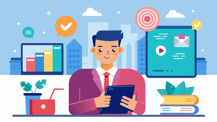 A man is sitting at a desk with a tablet in front of him. He is smiling and he is enjoying his work. The desk is cluttered with various items, including a book, a cup, and a potted plant