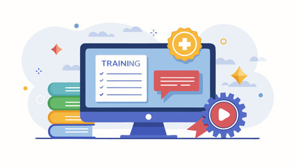 A computer monitor with a training list on it. The monitor is on a desk with a stack of books behind it