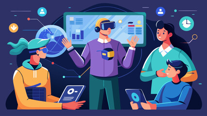 A group of people are working together in a virtual reality environment. They are all wearing headsets and holding devices. Scene is collaborative and focused
