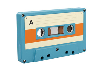 Retro blue cassette tape isolated, vintage audio music recording format for eighties and nineties nostalgia