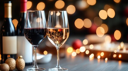 Festive Christmas Wine Glasses with Red and White Wine, Holiday Wine Bottles with Bokeh Lights Background, Elegant Winter Wine Still Life