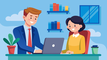 A man and a woman are sitting at a desk with a laptop. The man is smiling and the woman is smiling as well. The scene is likely a work meeting or a casual conversation between the two