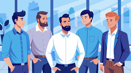 A group of men are standing in a room, one of them is wearing a suit. Scene is professional and serious