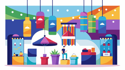 A colorful store with a man holding a cell phone. The store is filled with various items, including a potted plant, umbrellas, and a few bottles. The atmosphere is lively and bustling