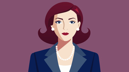 A woman with a pearl necklace and a blue jacket. She is wearing a red lipstick