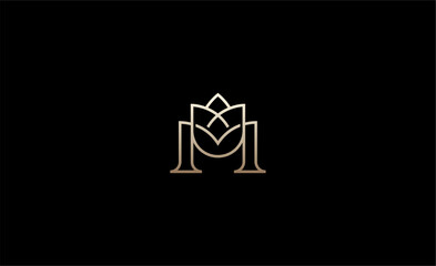 Luxury Logo Lotus or Tulip Flower With Letter M. Nature, Feminine and Beauty with Gold Colour Creative Template. Glamour, Modern and Minimalist Concept