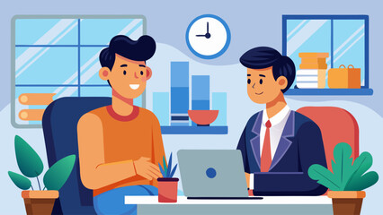 Two men are sitting at a desk with a laptop in front of them. One man is wearing an orange shirt and the other is wearing a suit. They are discussing something important