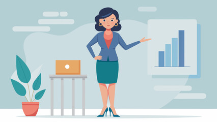 A woman is standing in front of a projection screen with a laptop on a table in front of her. She is pointing to a graph on the screen