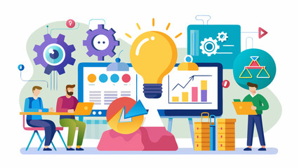 A group of people are working on a project, with a light bulb symbolizing a new idea