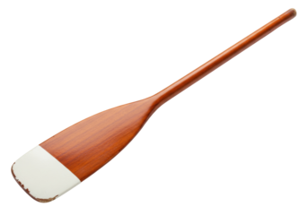 Wooden paddle with white painted blade isolated on transparent background, vintage boat oar for rowing and nautical decor