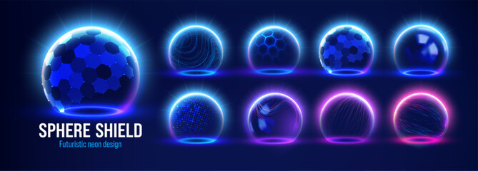Medical hexagon shield and protective sphere with a 3D energy dome and force field for safety. Glowing blue bubble and abstract glass barrier with a futuristic cyber aesthetic. Science and technology. © RDVector