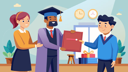 A man in a graduation gown is handing a certificate to a young man. The man is smiling and the young man is smiling back. The scene is set in a room with a clock on the wall