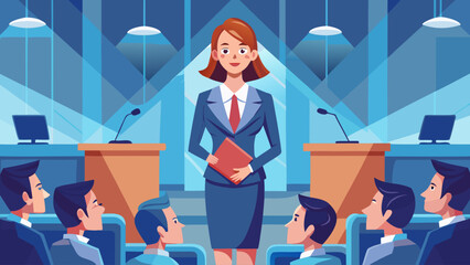 A woman is standing in front of a podium with a book in her hand. She is giving a speech to a group of people