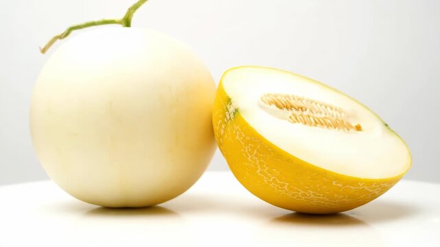 Korean yellow melon sliced open revealing pale juicy flesh and seeds inside