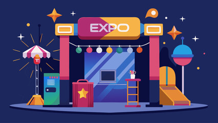 A colorful poster of a convention center with a sign that says Expo. The poster is filled with various objects such as a laptop, a suitcase, and a potted plant. Scene is lively and energetic