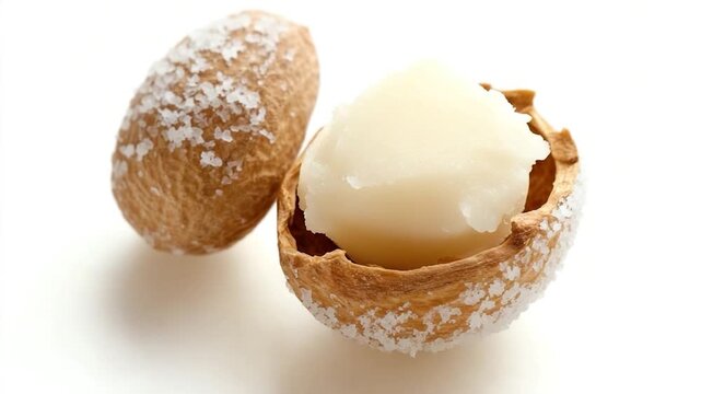 Close-up shot of a nut shell containing a piece of butter, ideal for use in food or nature-related scenes