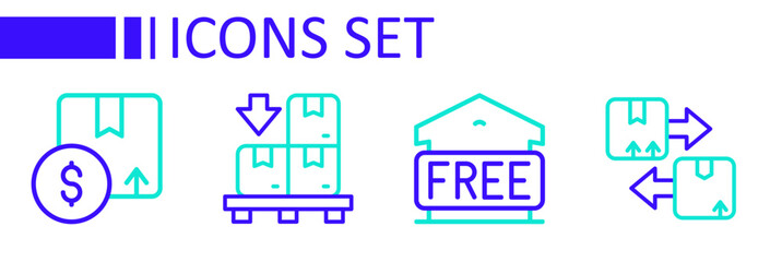 Set line Cardboard box with traffic symbol, Free storage, boxes on pallet and Carton cardboard icon. Vector