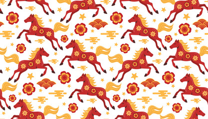 Running horses seamless pattern Chinese festive background
