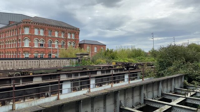 Freight cargo train leaving the station tracks in Middlesbrough north east england uk