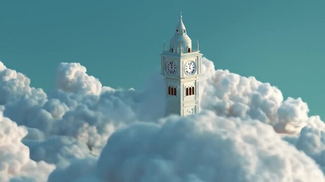 Clock tower in the sky amidst fluffy clouds against a blue sky